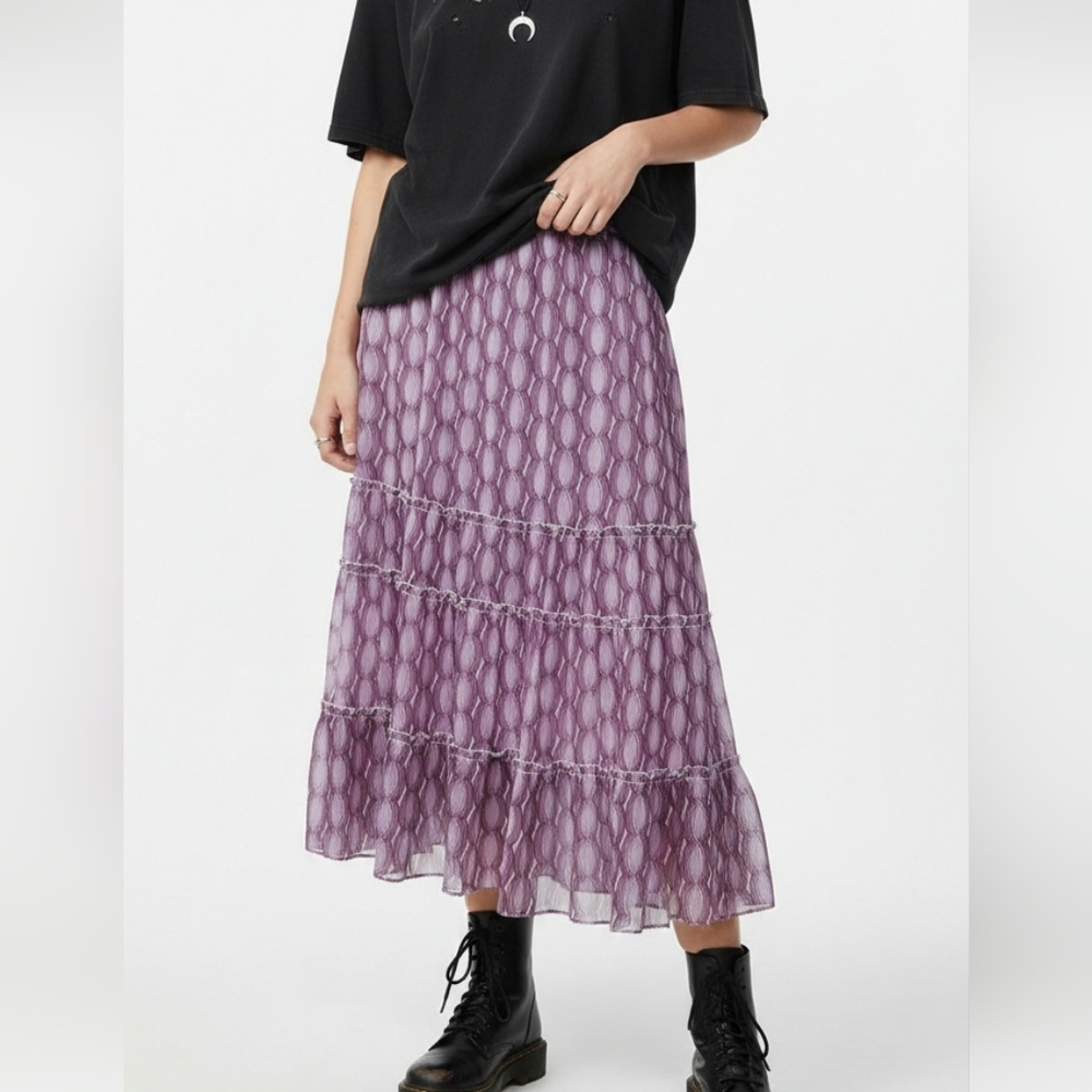 Briggs Purple Midi Skirt Y2K Fairy Boho Festival Kaleidoscope Peasant Tiered S